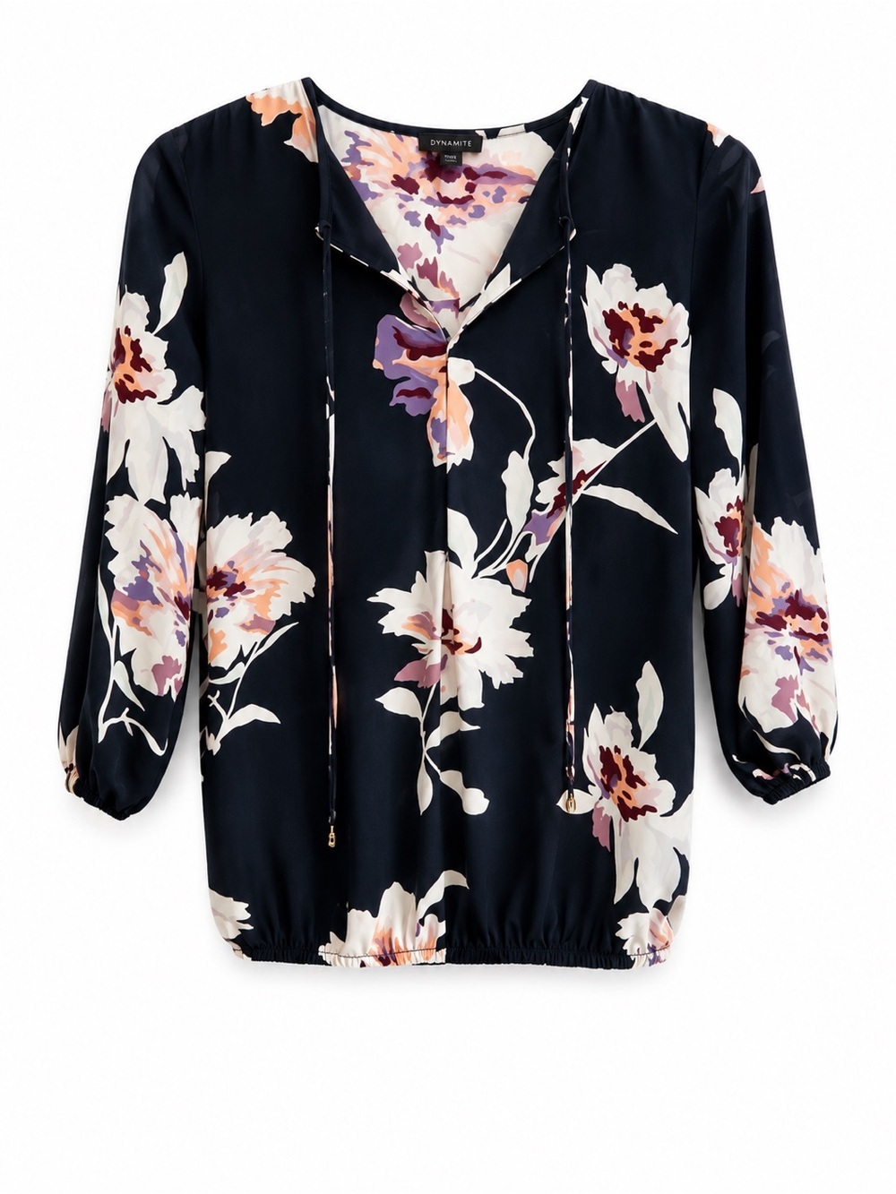 Dynamite Navy Floral Tie Neck Blouse XS 3/4 Sleeve